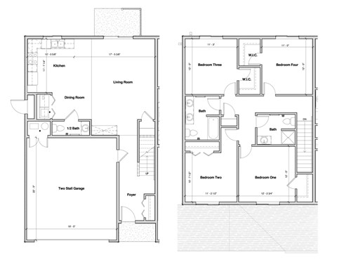 A floor plan of a house with two garages and four bedrooms.